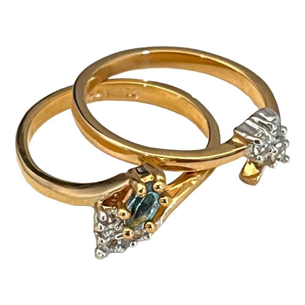 Vintage Ring Set Size 6 Blue Crystal With Clear Accents 14K Gold Plate 14Y